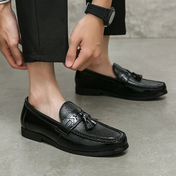 Versatile men's woven tassel loafers. Comfortable slip-on shoes for both casual outings and dressy events. Classic style.