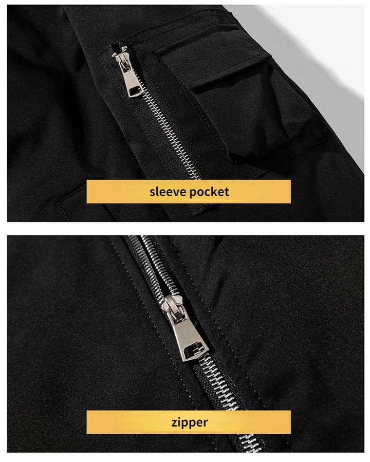 Men's stylish bomber jacket: functional multi-pocket design, graphic lining, and comfortable ribbed cuffs.