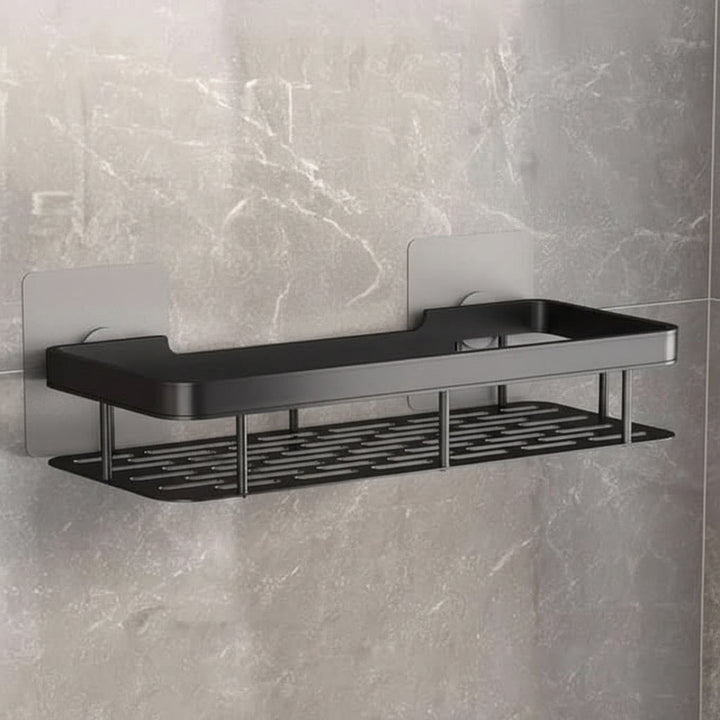 Sleek stainless steel bathroom shelf, adhesive mount for drill-free modern wall organization in showers.