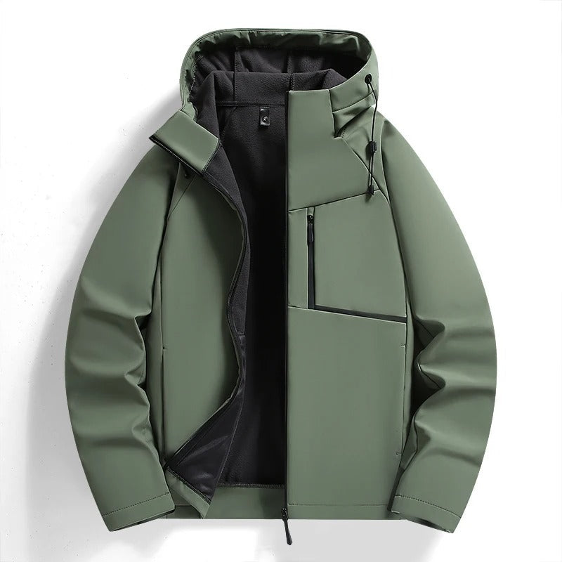 Close-up: Durable, full-zip men's hooded jacket fabric. Weather-resistant for outdoor comfort & style.