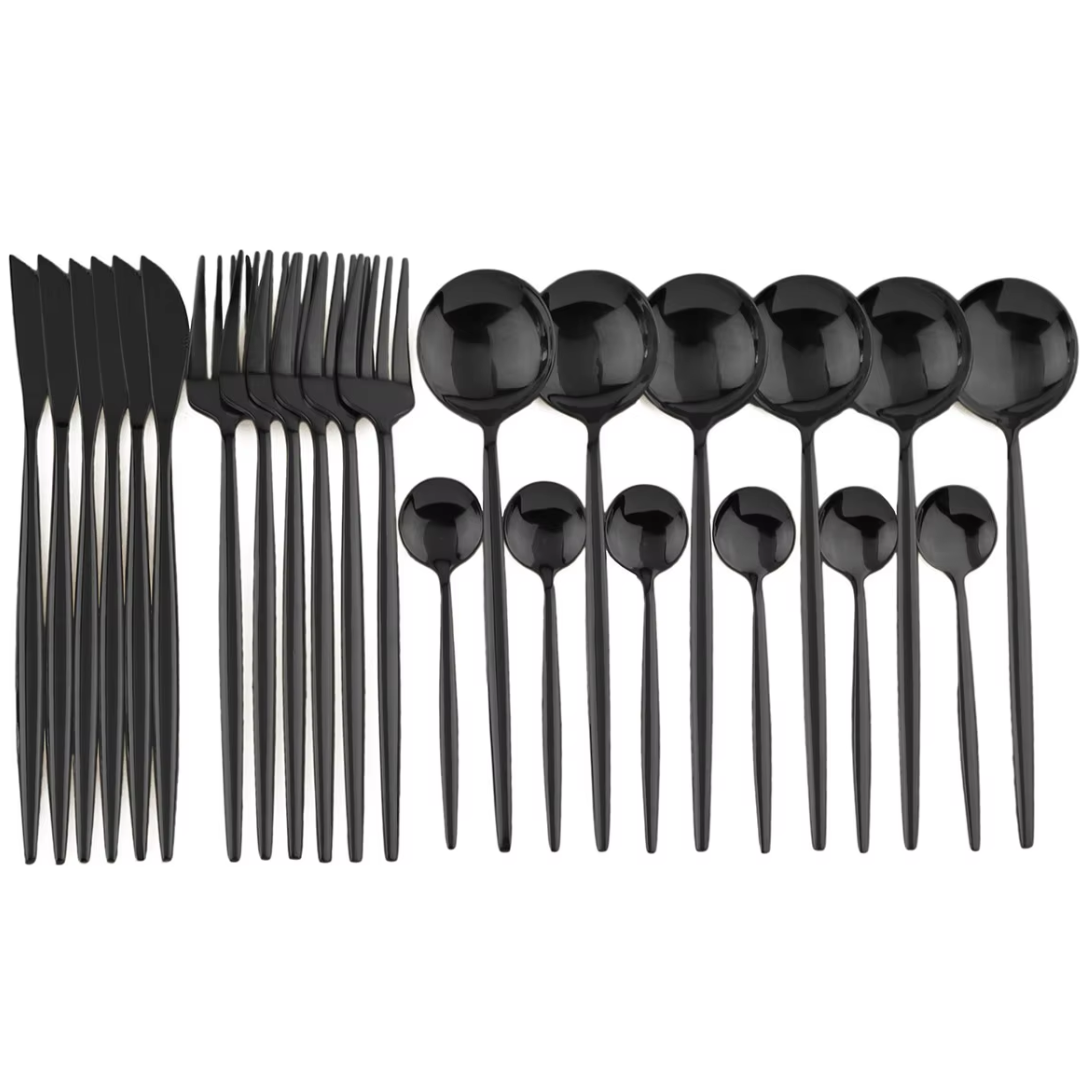 Sleek black stainless steel flatware set, 24 pieces, perfect for contemporary dining.