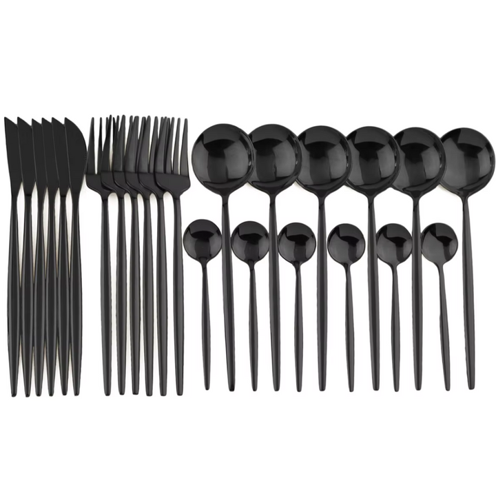 Sleek black stainless steel flatware set, 24 pieces, perfect for contemporary dining.