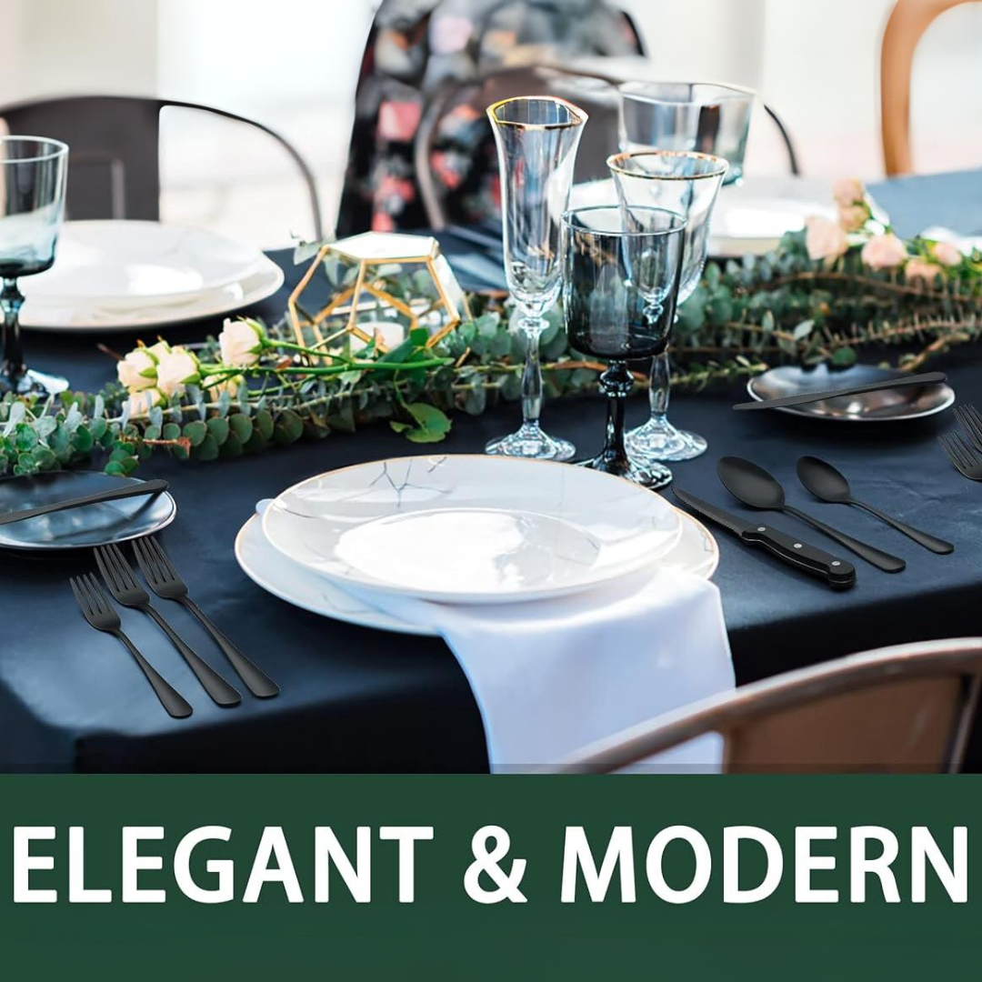 Modern 24-piece black cutlery set, durable stainless steel for elegant kitchenware.