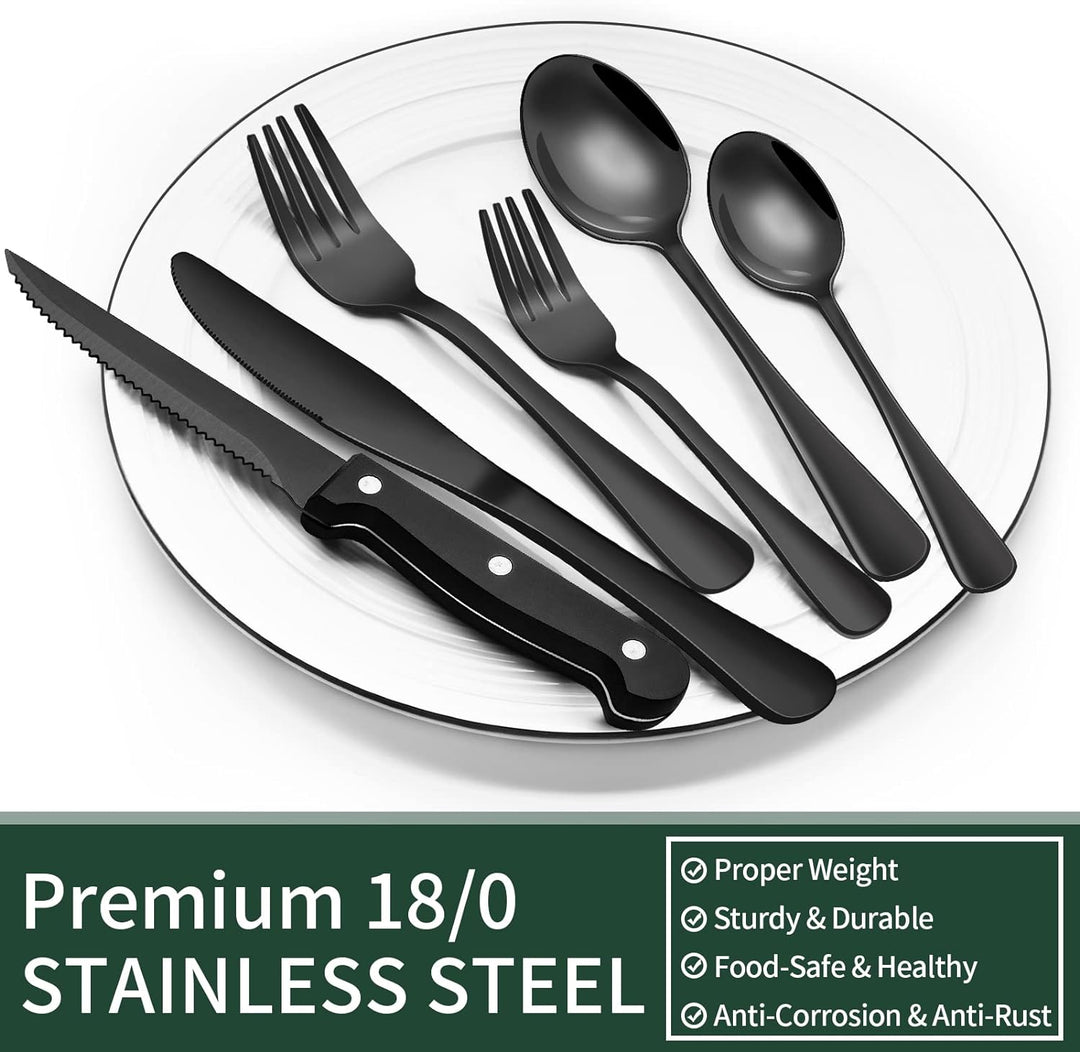 Complete 24-piece black stainless steel dining set, modern design, includes steak knives.