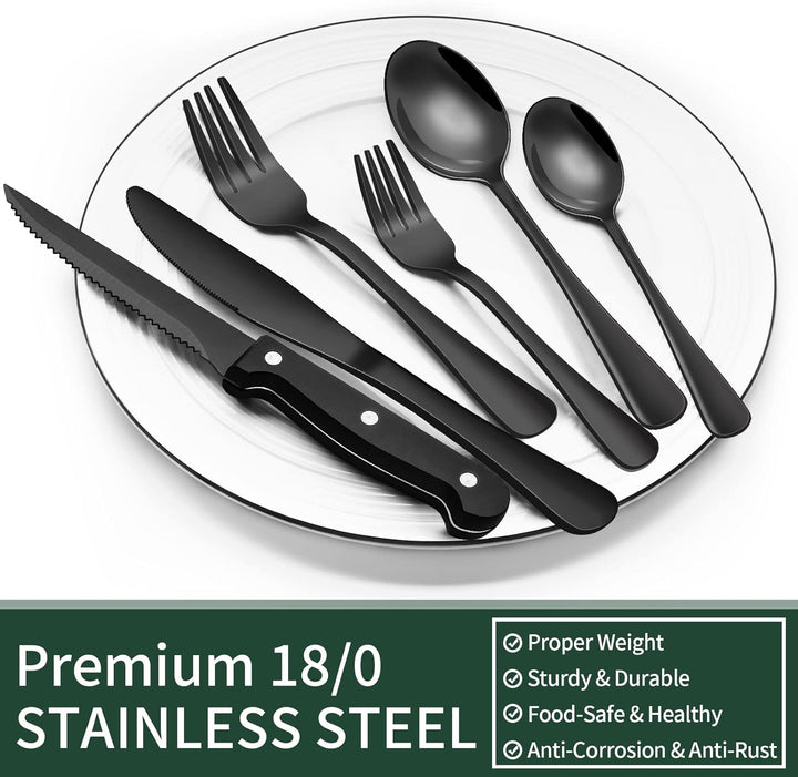 Complete 24-piece black stainless steel dining set, modern design, includes steak knives.