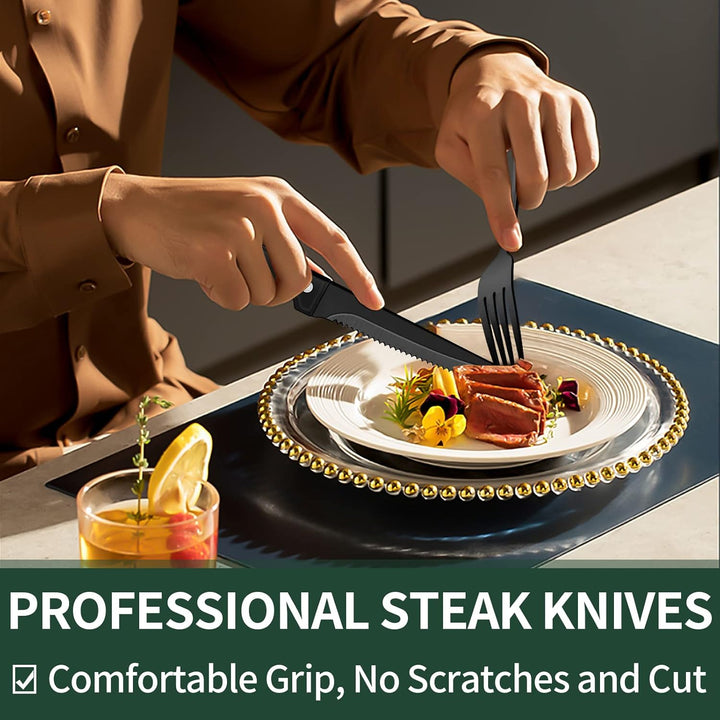 Stylish 24-piece black flatware for home dining, made from high-quality stainless steel.