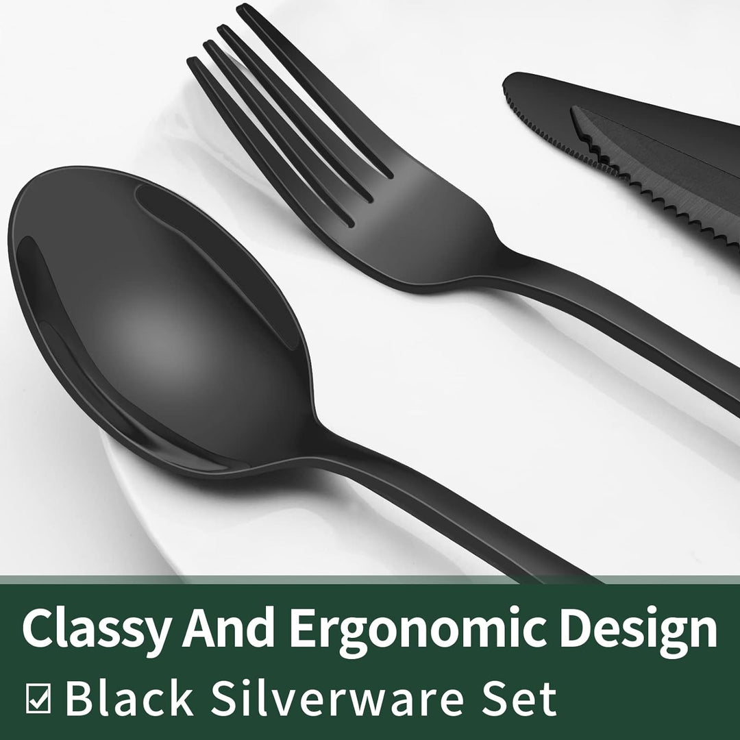 Luxurious 24-piece black stainless steel cutlery set, ideal for modern tableware collection.