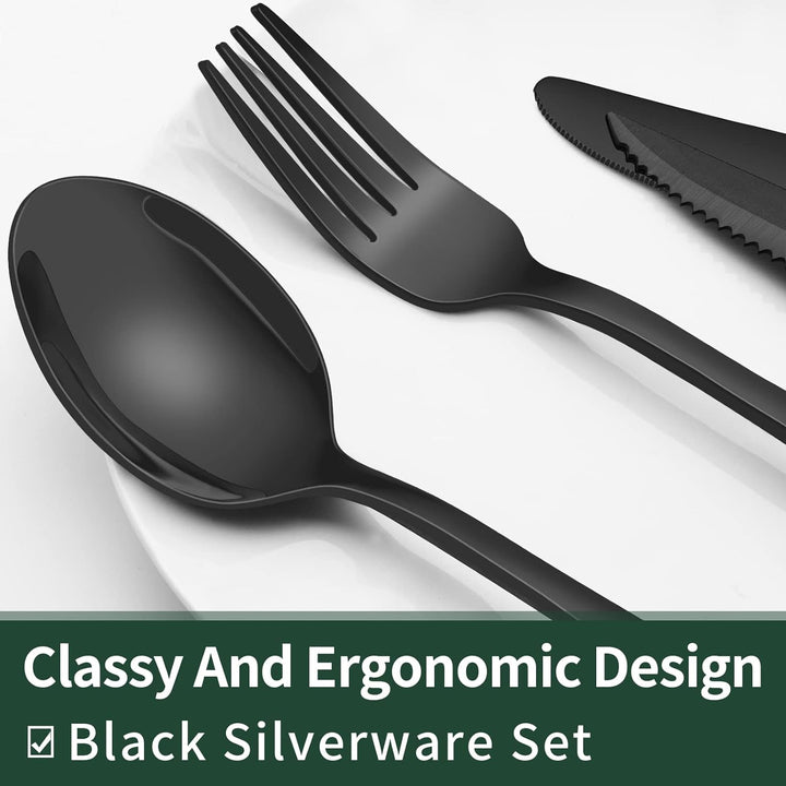 Luxurious 24-piece black stainless steel cutlery set, ideal for modern tableware collection.
