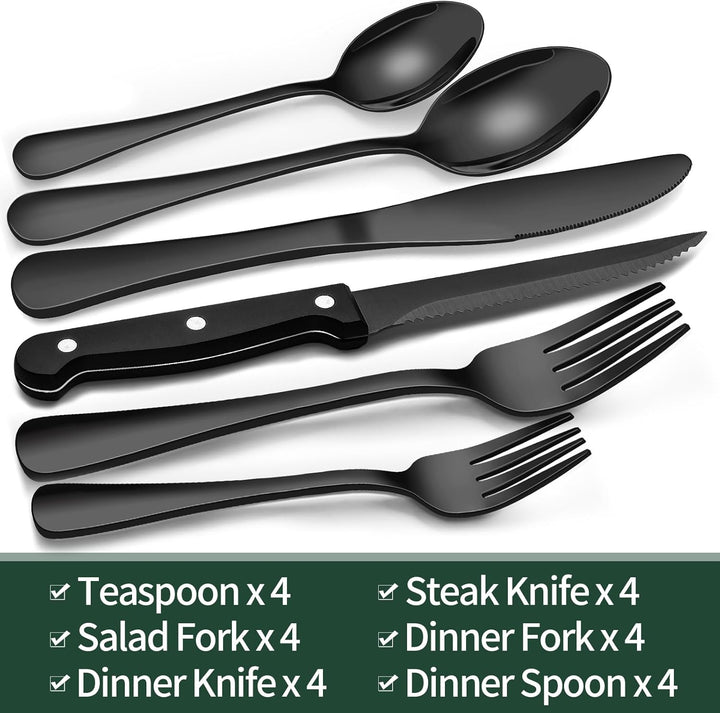 Elegant black stainless steel dining set, 24 pieces, offering a sleek, sophisticated look.