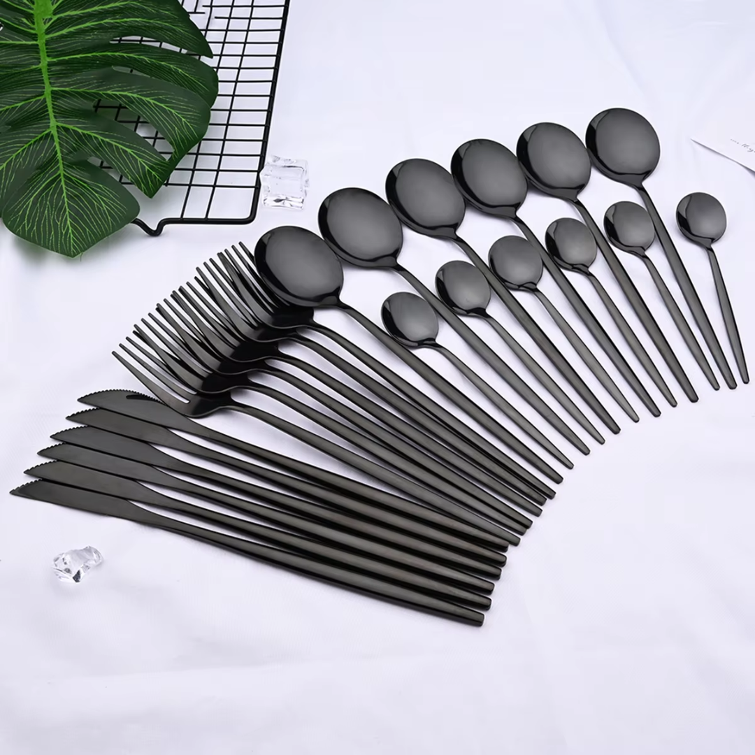 Durable 24-piece black flatware set, stainless steel, essential for any modern kitchen.