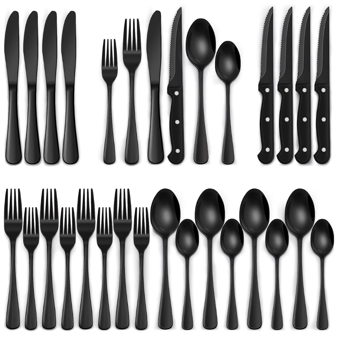24-piece modern black stainless steel cutlery set for sleek home dining.