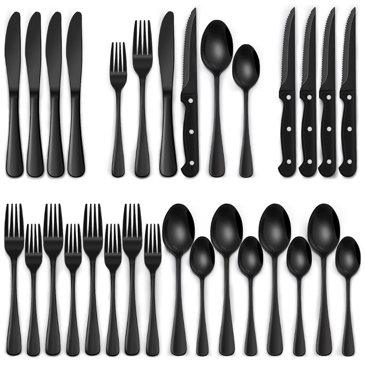 24-piece modern black stainless steel cutlery set for sleek home dining.