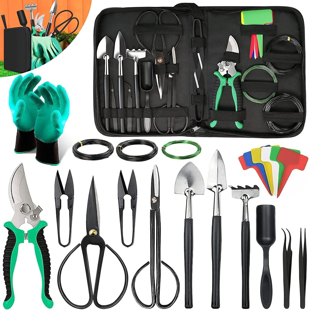 24-piece bonsai tree care kit with high-carbon steel tools in a stylish PU leather bag for plant pruning & shaping.