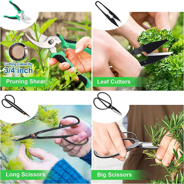 Open 24-piece bonsai care kit showcasing various high-carbon steel tools neatly organized for horticulture enthusiasts.