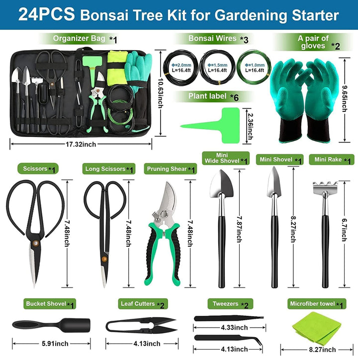 Complete 24-piece high-carbon steel bonsai care tool set with accessories displayed, ideal for detailed plant shaping.