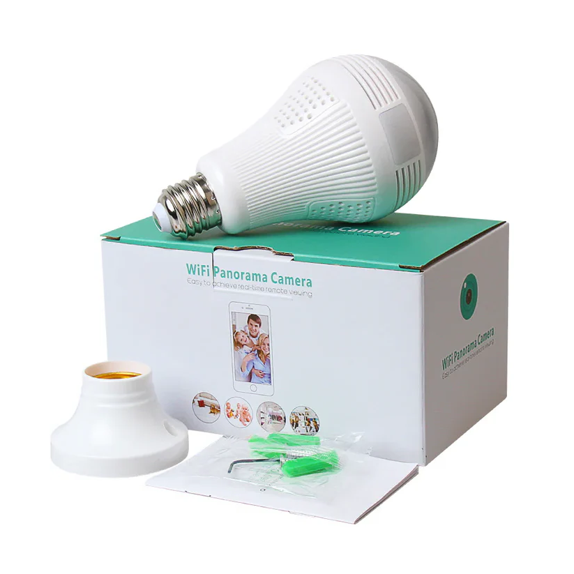 1080P WiFi smart LED bulb security camera with panoramic view. Discreet home surveillance & motion detection.