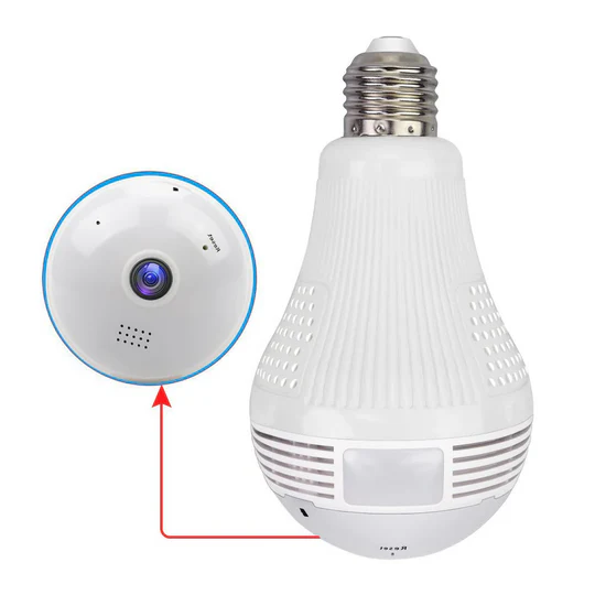 Panoramic 1080P WiFi LED bulb security camera with two-way audio & motion detection for smart home surveillance.