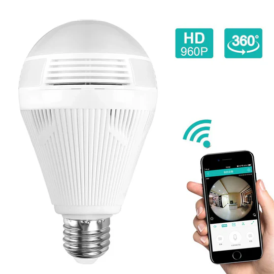 Discreet E27 socket 1080P LED bulb security camera. Panoramic WiFi view for hidden home security.