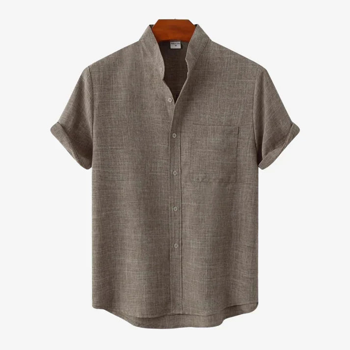 Men's collarless short-sleeve button-up shirt, lightweight and breathable for hot summer days.