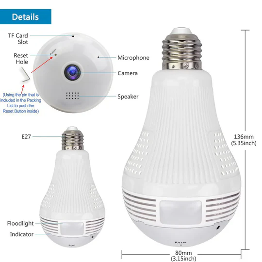 Smart home 1080P panoramic WiFi security camera hidden in an LED bulb. Features motion detection & two-way audio.