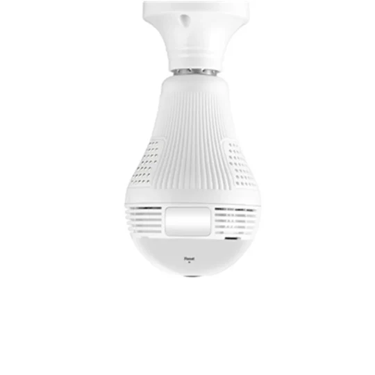 1080P panoramic WiFi LED bulb camera for smart home security. Features discreet design, motion detection & E27 socket.