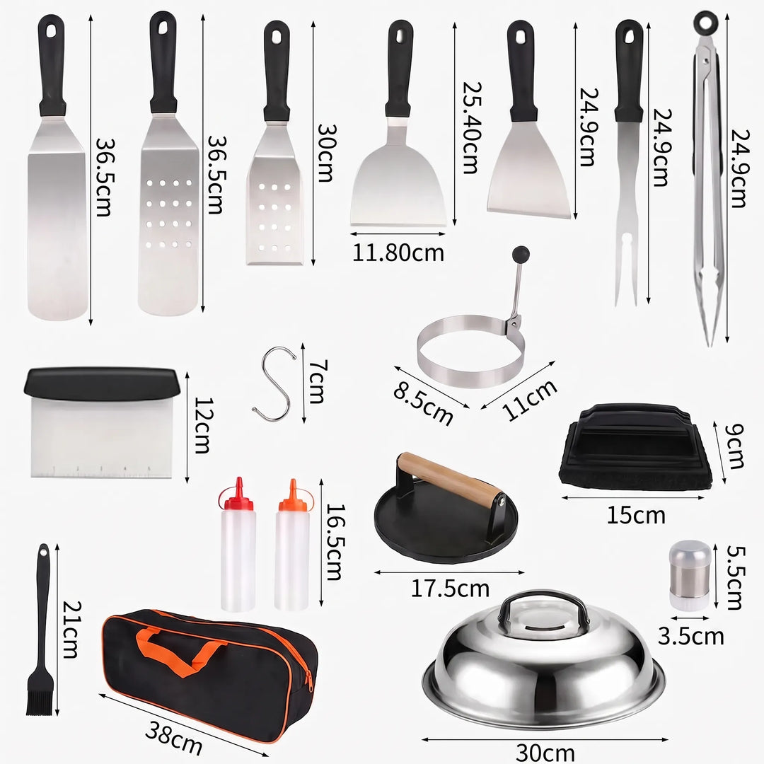 Durable 29-piece stainless steel BBQ tool set for outdoor grilling. Complete kitchen utensil & chef kit.