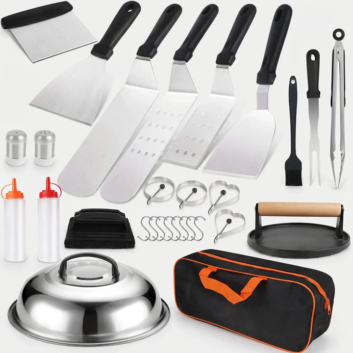Versatile 29-pc stainless steel grilling tools kit. Ideal for outdoor BBQ, camping, and home cooking.