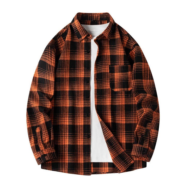 Men's warm plaid flannel button-down shirt, perfect for fall fashion, layering, and relaxed fit.