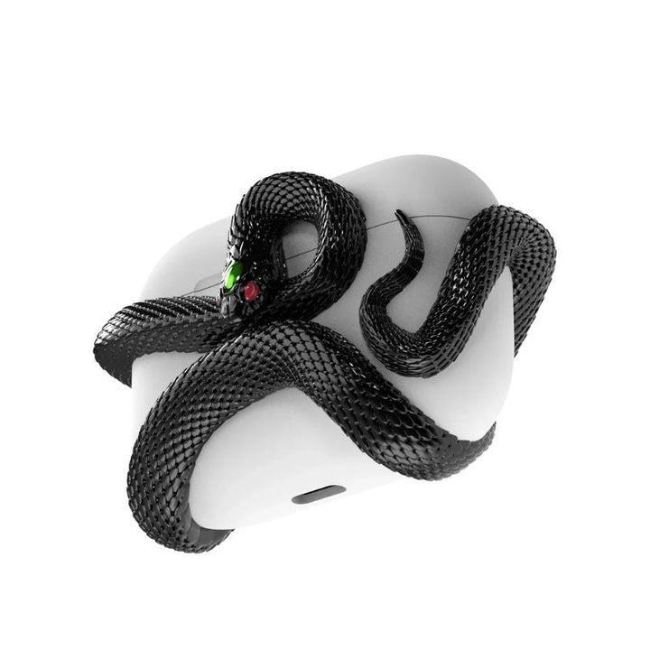 Black serpent-style earbud case, durable & scratch-resistant. Unique protective accessory for wireless earbuds.