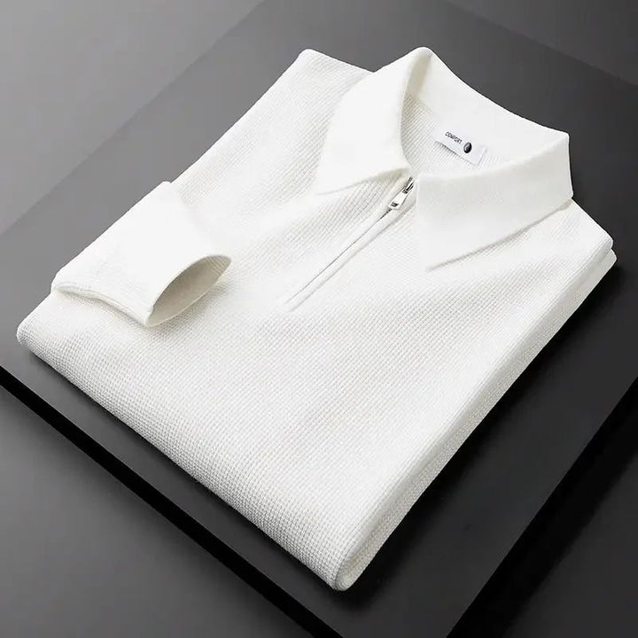 Comfortable unisex pullover sweater with stylish zip collar. Ideal layering piece for everyday fall & winter outfits.