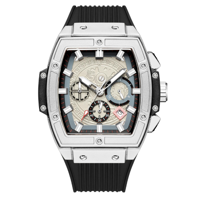 View of a men's durable watch with a comfortable silicone band, perfect for casual and active wear.