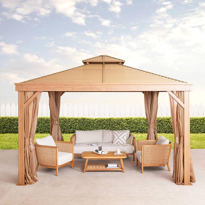 Durable brown outdoor garden gazebo featuring a sturdy metal frame, mosquito net, and privacy curtains for any patio.
