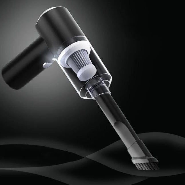 Portable cordless car vacuum, USB rechargeable for convenient wet & dry cleaning in auto or home.