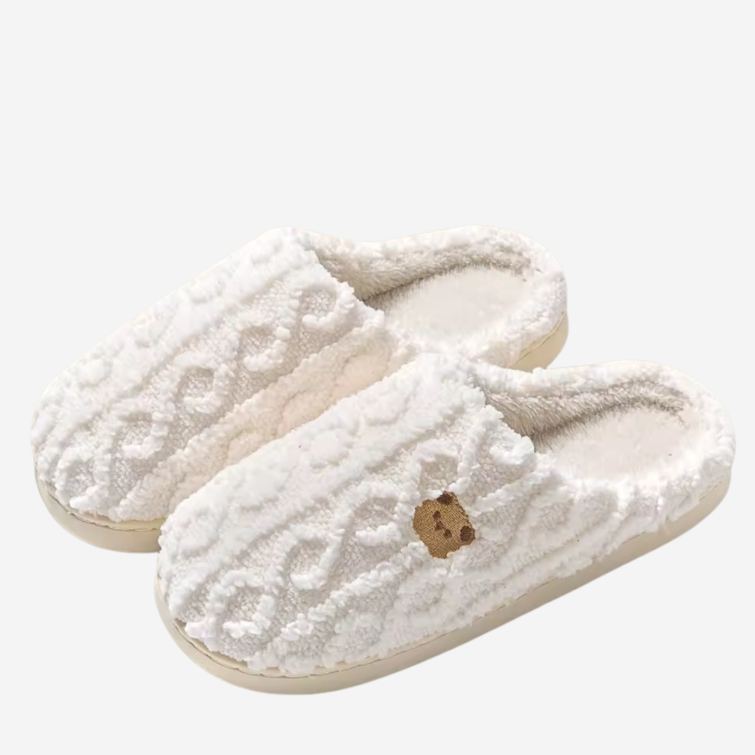 Warm women's winter slippers, cute teddy bear design, soft house shoes for cozy indoor comfort.