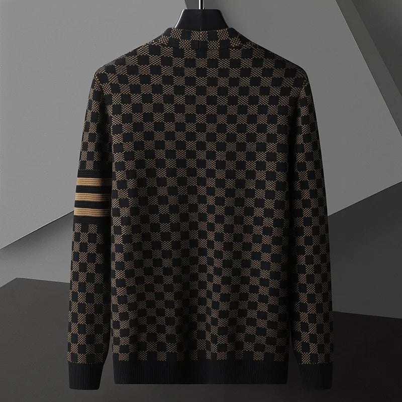Comfortable men's relaxed fit checkered cardigan with unique striped sleeves, a versatile layering piece for any look.
