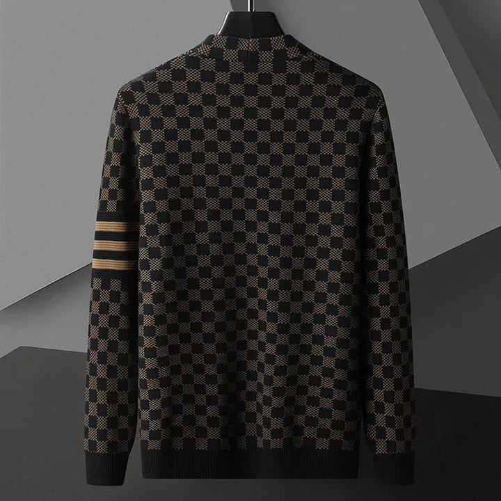 Comfortable men's relaxed fit checkered cardigan with unique striped sleeves, a versatile layering piece for any look.