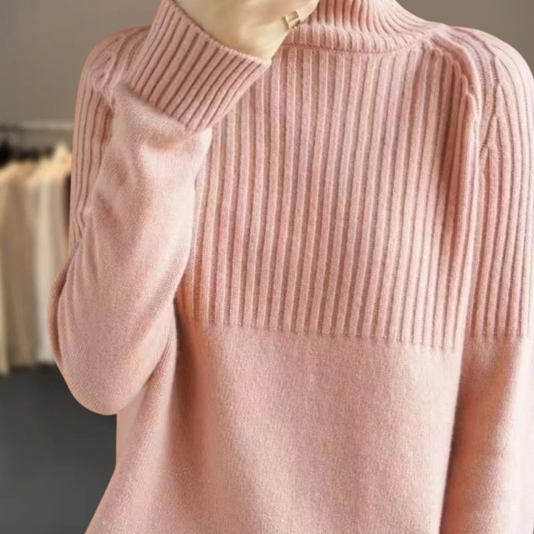 Cozy women's ribbed turtleneck sweater, an essential long-sleeve top for elegant and comfortable fall & winter style.