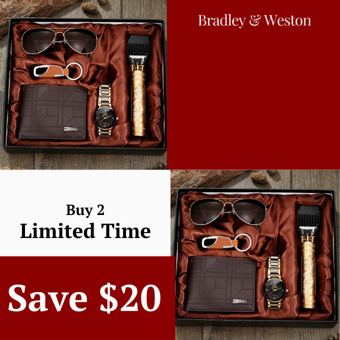 Men's ultimate gift set: watch, leather wallet, sunglasses, electric trimmer, and elegant keychain.