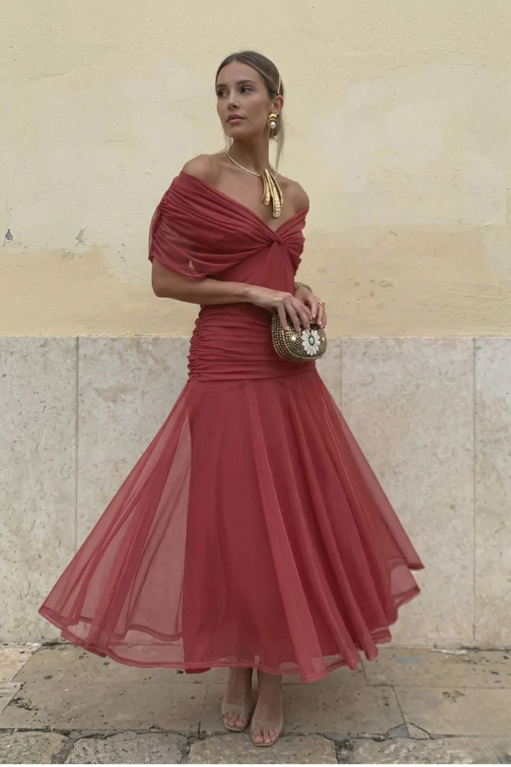 Sophisticated women's off-shoulder floral maxi dress, ruched sweetheart. Great for formal parties & spring style.