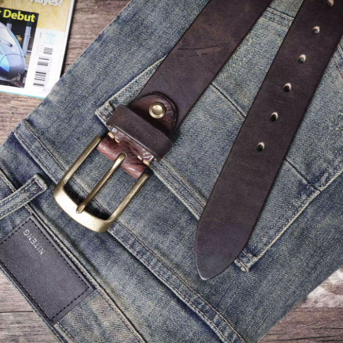 Men's brown leather belt, handcrafted from full grain cowhide, ensuring timeless style.