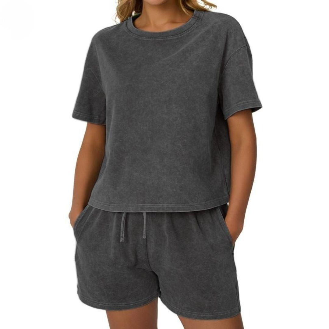 Soft jersey women's lounge wear, a comfortable two-piece set with a stylish washed look.