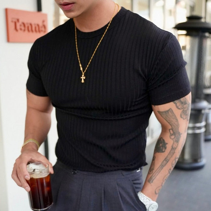 Comfortable men's slim fit ribbed T-shirt, an athletic crew neck top designed for performance and style.
