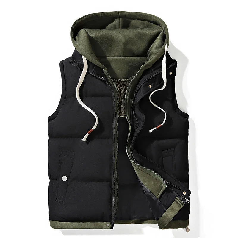 Essential men's hooded puffer vest for autumn and winter, offering comfortable warmth and easy layering.