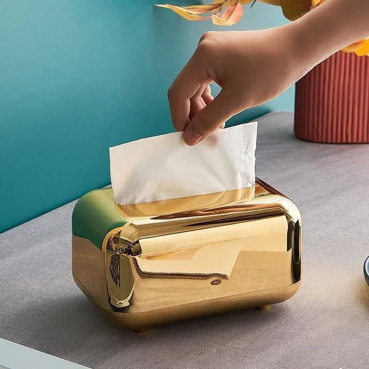 Luxurious gold & silver tissue holder, a sophisticated modern bathroom accent.