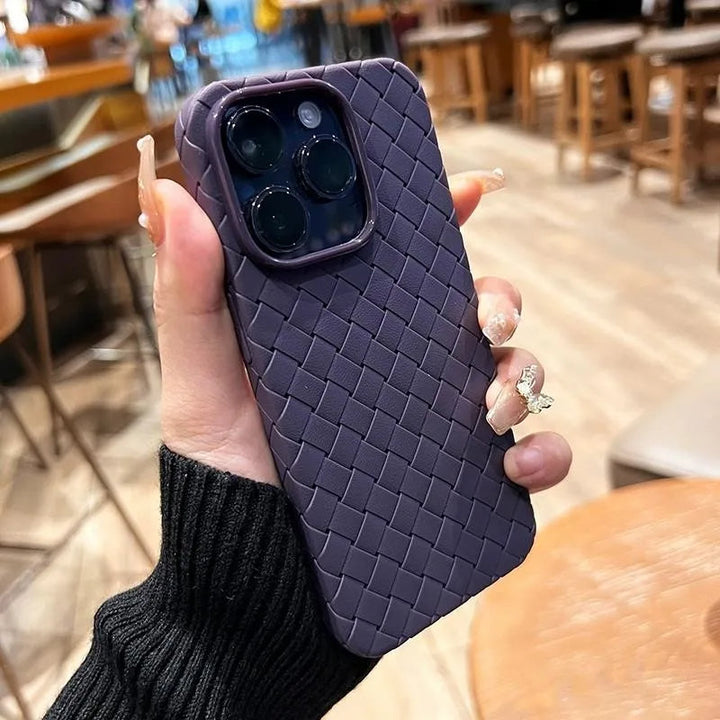 Elegant women's phone case featuring a unique woven texture, offering durable protection.
