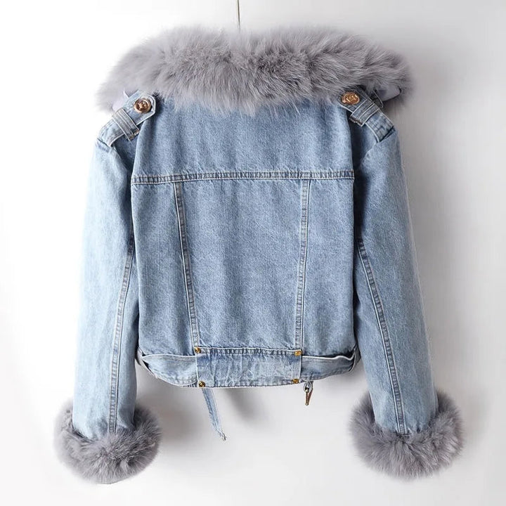 Classic women's moto jacket for winter fashion. Stylish outerwear with cozy plush collar & cuffs, a must-have.