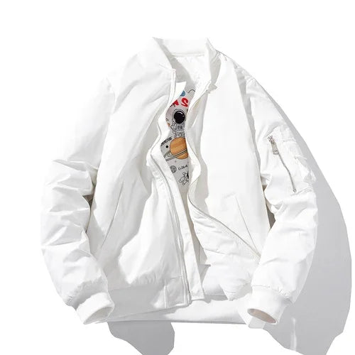 Man wearing a stylish Astro bomber jacket. This men's layering piece offers ultimate casual comfort.