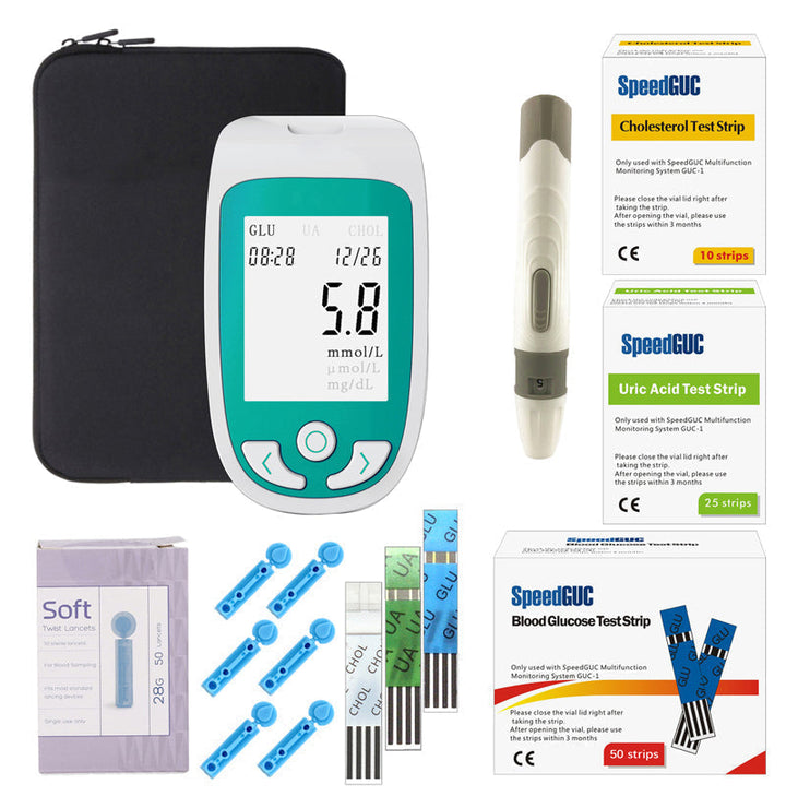 Complete 3-in-1 health monitor kit with strips for cholesterol, glucose, and uric acid rapid testing.