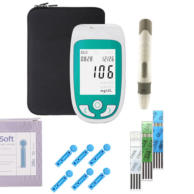 Easy-to-use 3-in-1 health monitor for quick cholesterol, glucose, and uric acid results at home.