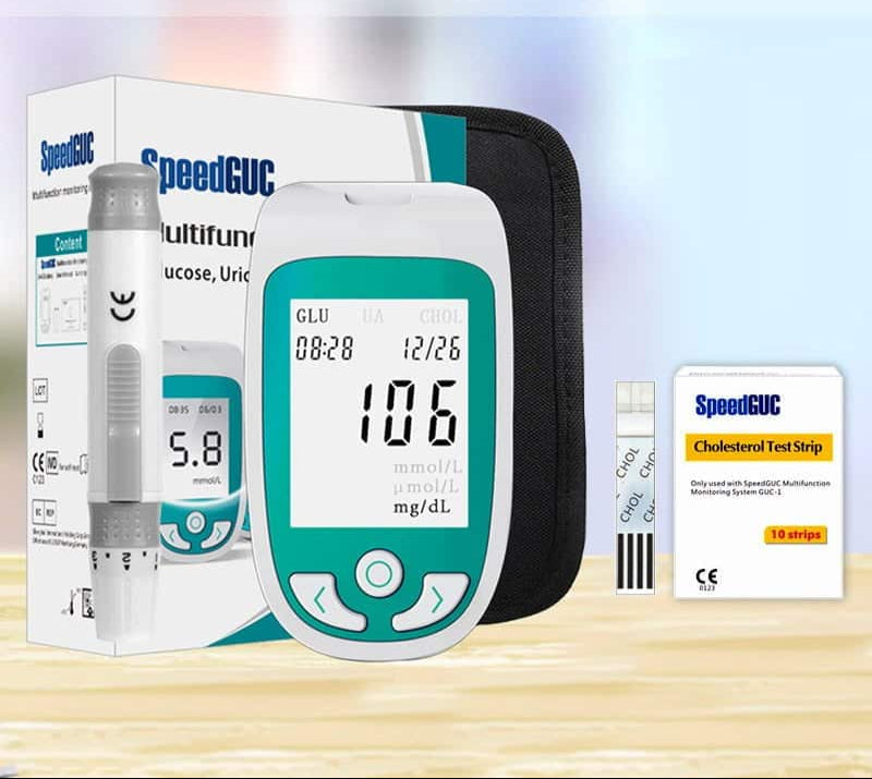Personal home health monitor: 3-in-1 kit for cholesterol, glucose, & uric acid blood analysis.
